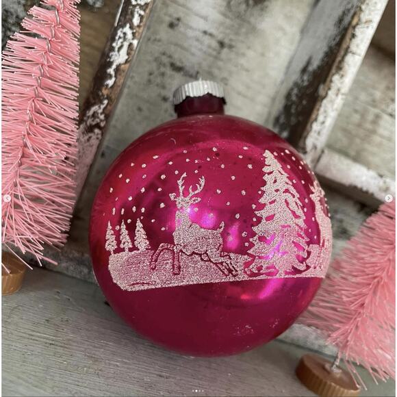 Vintage Pink Shiny Brite Glass Ornament Stencil Winter Deer Valentine Jumbo - Picture 3 of 5
